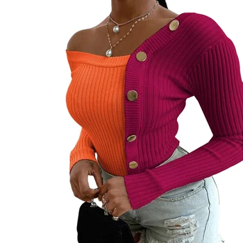 2020. Gadam, Sievietēm, Eleganta Pogu Salātu Adīti Džemperi Sieviešu Rudens Džemperis Ar Garām Piedurknēm Topi Dāma Biroja Sexy Pie Pleca Blusa