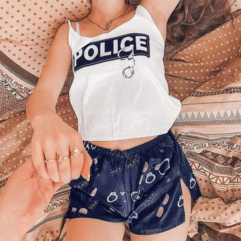 SIDDONS Vasaras Seksīgas Pidžamas Divas Gabals, kas Sieviešu Zīda Pidžamu Policijas Handcuff Drukāt Naktsveļu 