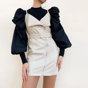 Elegants Sieviešu Džemperis Džemperis Rudens Ir 2021. Jaunu Modes Puff Piedurknēm Stiept Adīt Ķermeņa Patched Poplīns Piedurknes Moderna Dāma, Ruffles Topi