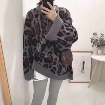 Bella filozofija Leopard Džemperis Sievietēm O Apkakli, garām Piedurknēm Apkakli Vintage Mīksti Topi korejiešu Jaunā Modes Streetwear Pull Femme