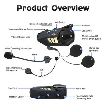 Freedconn F1 Plus Motociklu Bluetooth 5.0 Domofons Ūdensizturīgs 1080P HD Video Objektīvs Wifi Ķivere iekšējā telefonu 6 Braucēji, Reģistratoru DVR