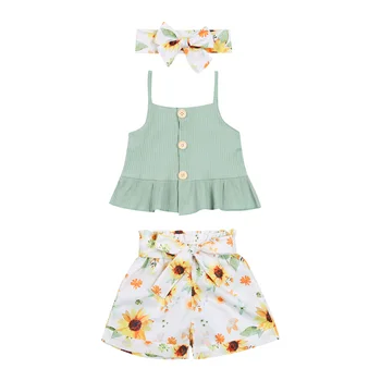 Ir 2021. 0-3Y Vasaras Baby Girl Apģērbu Pogu, Piedurknēm Adīts Stabilu Top Veste+Ziedu Bikses+Galvas stīpa Bērnu Apģērbs, Svētku 3pcs