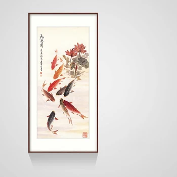 Tradicionālā Ķīniešu Glezniecība Attēlu Lielu Koi Lotosa Ziedu Deviņi Zivis Audekls Art Sienas Dekori Vintage Mājās Apdare, Bez Rāmja