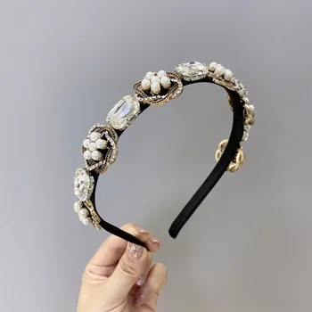 Baroka Rhinestone Galvu Retro Sakausējuma Pērle Handbands Kristāla Matu Aksesuāri, Ziedu Hairband Vadītājs Wrap Matus Band