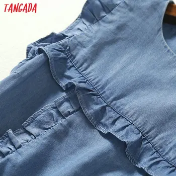 Tangada sieviešu ruffles džinsa kleitas bez piedurknēm, O-veida kakla vintage modes gadījuma taisna kleita vestidos feminina 2P10