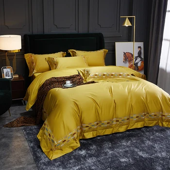 1000TC ēģiptes kokvilnas Gultas piederumi komplekti, Queen, King size dzeltenā Sega sedz, palagi/gumiju, kas aprīkoti lapa veļas komplekts gultas komplekts