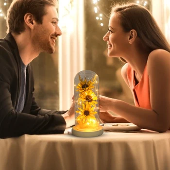 Žāvēti Saulespuķu Banketu Ziedi Stikla Kupolu ar Siltu Gaismas Stīgu Mikro Nakts Lampas Home Decoration Valentine Dāvanas