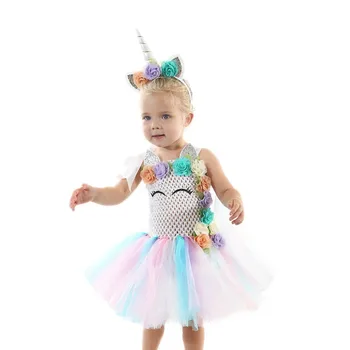 Bērnu Sudraba Auss Unicorn meitene TuTu Princešu Kleita Viduklis Ziedu Īsu Kleitu Meitene Birthday Party Kostīms ietver Galvas stīpa