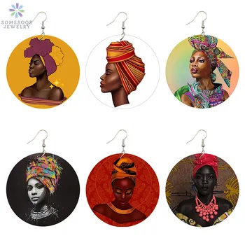 SOMESOOR Vintage Koka Piliens Auskari AFRO Auduma Headwrap Sieviete Black Art Portretu Iespiesti Āfrikas Koka Rotaslietas, Meitene, Dāma