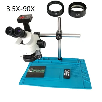 3,5 X 7X 45X 90X Vienlaicīgi - Fokusa Trinokulara stereo mikroskopu+2K 21MP HDMI Digitālā usb mikroskopa kamera +144 Led gaismas gredzenu +Mat