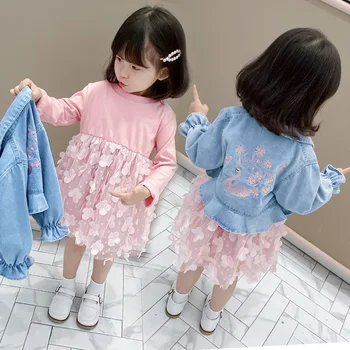 Modes 0-4yrs Bērnu kleitu meitenei džinsa jaka + marle kleita pavasara rudens modes pūkains princese kleita
