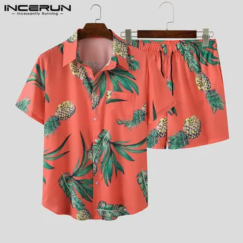 INCERUN Vasaras Vīriešiem Izdrukāti Komplekti, Īsās Piedurknes Atloks Beach Brīvdienas ir 2021. Krekls Gadījuma Šorti Vīriešiem Havaju Kostīms 2 Gabali Streetwear