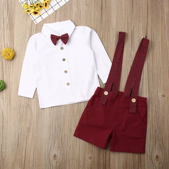 Toddler Bērniem, Baby Boy Apģērbs Uzstādīt 2019. Gada Rudenī ar garām Piedurknēm Džentlmenis T-krekls Topi Sarkana Siksniņa Bikses (Dungriņi) Apģērbu Tērpiem 2GAB
