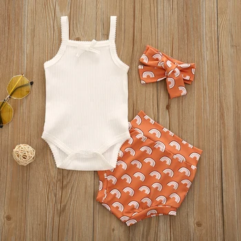 3Pcs Baby Meitenēm 0-18M Apģērbs bez Piedurknēm Bowknot Siksna Romper + Gudrs Drukāt Bikses + Galvas Kopa
