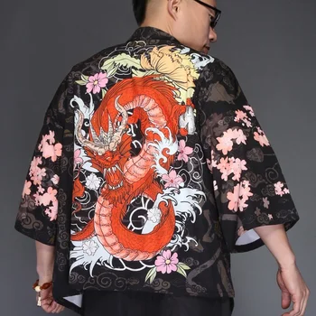 Japāņu Streetwear Vīriešu Kimono Harajuku Vīriešu Krekls ar Īsām Piedurknēm Krekli Vīriešiem Vasarā Pludmale Havaju Krekls Ikdienas Krekli Regulāri