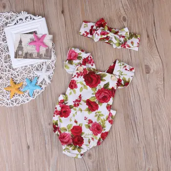 2019 Cute Ziedu Romper 2gab Baby Meiteņu Drēbes Jumpsuit Romper + Galvas stīpa 0-24M Vecuma Zīdaiņu Toddler Jaundzimušā Apģērbu Komplekts Karstā Pārdošanas