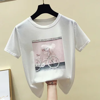 Kristāla Velosipēdu Iespiesti Gadījuma Sieviešu T Krekls Ar Apaļu Apkakli, Īsām Piedurknēm, Sieviešu Zaudēt Krekli 2021. Gada Vasaras Modes Dāmas Topi Apģērbi
