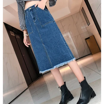 Džinsa Svārki Kabatas Taisni Svārki Priekšā-Split Vintage Gadījuma Sievietes Zilā Krāsā Ar Augstu Vidukli, Plus-Size Streetwear Jean Svārki