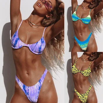OMKAGI Peldkostīmi Sieviešu Sexy Underwire Brazīlijas Bikini Push Up Peldkostīms Tie-dyed Bikini Komplekts Peldēties Uzvalku Maillot De Bain Femme