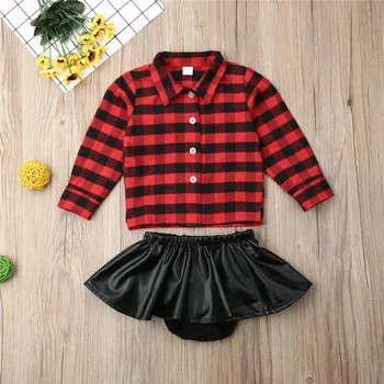Modes Toddler Bērniem, Baby Meitene Ziemassvētki Apģērbu Komplekti Red Pleds T-krekls Topi+Ādas Bikses, Svārki Komplekts 0-24M