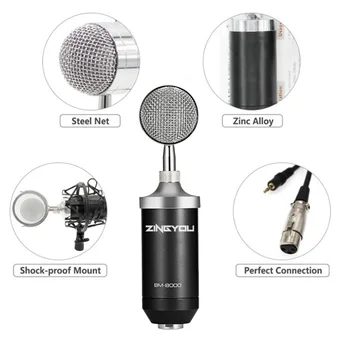 ZINGYOU bm 8000 Kondensatoru Mikrofonu Komplekts Profesionālo Komplektā Skaņas Ierakstīšanas Mikrofons Ar 3,5 mm Vadu Stāvēt Dziedāt Mikrofons