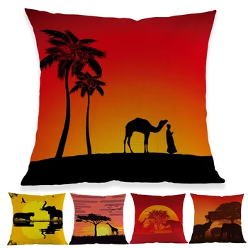 Apelsīnu Āfrikas Savannā Krēslā Saulrieta Dzīvnieku Siluetu, ziloņi, Žirafes, Mest Spilvens Gadījumā Mājas Dīvāns Dekoratīvs Spilvens Segums