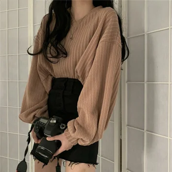 V Kakla Laternu Garām Piedurknēm Adīt Džemperi Džemperis Sievietēm Retro Brīvs Traks Stils Īss Mutlicolor Pull Femme Rudens