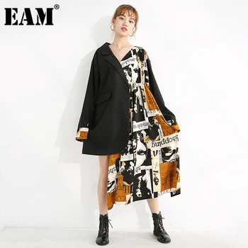[EAM] Sieviešu melns modelis iespiestas neregulāras liela izmēra Kleitu Jaunā V-veida Kakla ar garām Piedurknēm Loose Fit Modes Pavasara Rudens ir 2021. 1Y42401