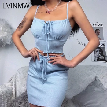 LVINMW Modes Mežģīnes Up Aukliņu, 2 Gabals, kas 2020. Gada Vasaras Sieviešu Trikotāžas Backless Kamzolis Topi Un Augsts Viduklis Zīmuli Svārki Uzvalks