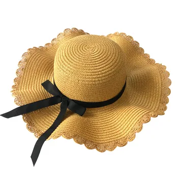 Meiteņu Vasaras Cepure, Melna Lente Vilnis Salmu Cepure Bērniem Un Sievietēm, Panama Saules Cepures Māti Un Bērnu Cepures Cepures