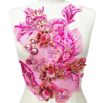 3Pcs 11.8x15inch 3D Fāzēm Izšūti Ziedu Rozā Fuksijas drēbes Mežģīnes Plāksteri Apdares Šūšanas Aplikācijas Par Piešūt Deju tērpi