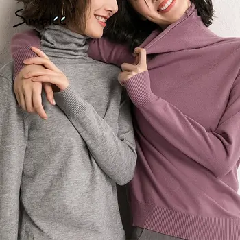 Simplee Atpūtas augstas apkakles pamata džemperis Slim mājīgu garām piedurknēm džemperis Mājas stila modes sieviešu džemperis Rudens, ziemas 2020