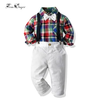 Tem Doger Zēnu Apģērbu Komplekti, Rudenī Bērni, Puika Drēbes ar garām Piedurknēm Pleds Krekli+(Dungriņi) 2GAB Tērpi Bērniem Toddler Tracksuit