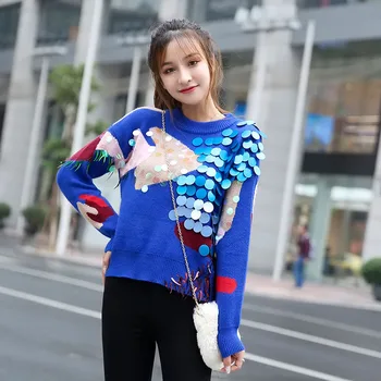 Smagā rūpniecība Sequin pušķis krāsas džemperis sievietēm 2020. gada pavasarī, Rudenī Jaunu korejiešu modes īsa kārta garām piedurknēm adīts B-016