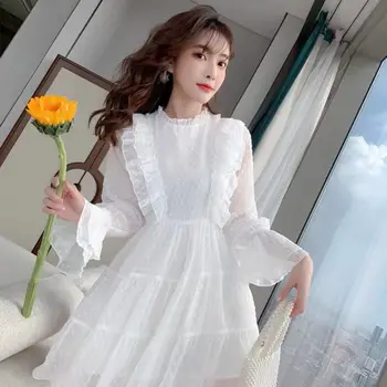 Elegants Pasaku Kleita Sievietēm ar garām Piedurknēm ar Mežģīņu Dizainera Šifona Kleita Gadījuma franču korejas Mini Kleita Sieviešu Apģērbu Rudens 2020
