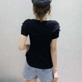 Vasaras korejiešu Stilā, Adīt T-krekls Raibs Modes O-veida Kakla Spilgti Ruffles Sieviešu Topi Ropa Mujer Gadījuma Īsām Piedurknēm Tees T08120L