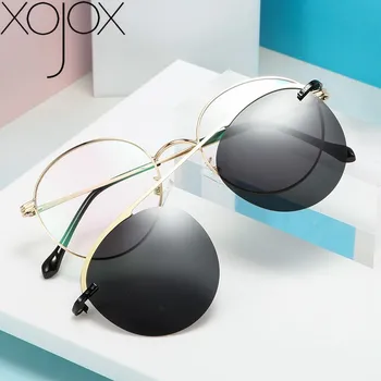 XojoX Saulesbrilles Vīriešiem Polarizētās Magnētisko Vāciņu Klipu par Saules Brilles Sieviešu Modes Metāla Ovālas Optiskās Brilles UV400 Aizsargbrilles