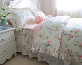 Korejas gultasveļas komplekts no Kokvilnas pastorālo mežģīņu sega, spilvendrāna salaist princese gulta izplatīt rozā ziedu svaiga gultas komplekti HM-20F