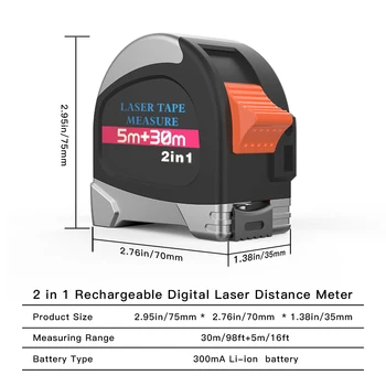 Lētākais Smart 2-in-1 mērlente Rangefinder Lāzera Mērījumu Diapazons 0-30m mērlente, Garums 5m Ar Displeja Apgaismojums