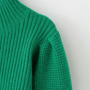 Rudenī 2020. gadam sieviešu jaunu apaļu kakla burbulis garām piedurknēm svaigu zaļo koledžas stila vienkāršu savvaļas slim slim džemperis