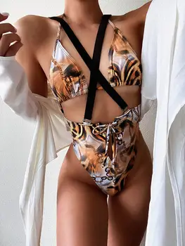 Vintage Leopard Sexy Peldkostīms Lenta Peldkostīmi Sieviešu Monokini Bodysuit Apsējs Pāri 1 Gab., High Cut Pavada Tērpi Pludmali, Valkāt
