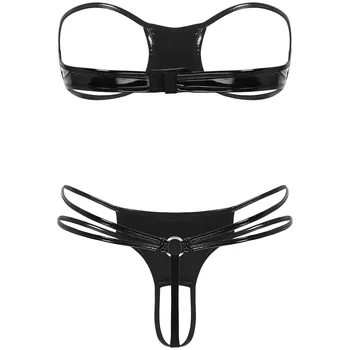 Sieviešu Strapless Atvērt Tases Krūšturis Top, ar G-string Siksnas Slapjš Izskatās, Lakādas Mini Bikini Apakšveļas Komplekts Naktsveļu, Eksotiskie Apģērbi