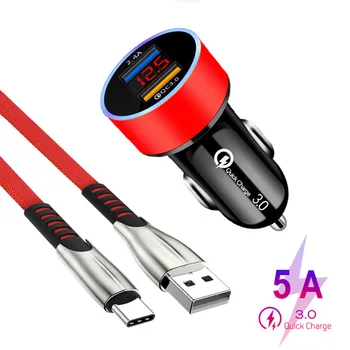 Auto USB Lādētāja QC 3.0 LED Ātrās Uzlādes Adapteris, Tips-c, USB Kabelis Samsung A30 A50 A70 M31 M51 A21S S8 S9 + Piezīme 8 9 10 Vadu