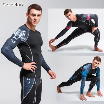 Vīriešu sporta tērps rashgard komplekts kompresijas apakšveļa vīriešu apģērbs skriešanas mma seksīga apakšveļa vīriešiem + ilgi + johns stulpiņi