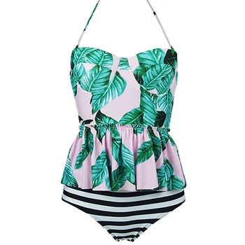 Sieviešu Peldkostīmi Retro Antigva Ziedu Peplum Push up peldkostīmu Augsta Vidukļa Bikini Komplekts Elegants Peldkostīms
