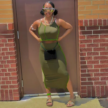 HAWTHAW sieviešu vasaras apģērbu gadījuma armijas zaļā soild krāsu slim crop topi zīmuli svārki streetwear divas gabals, kas apģērbs