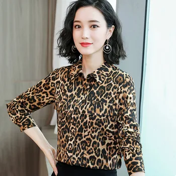 Nvyou gou Sieviešu Leopards Drukāt Blūzes ar garām Piedurknēm Šifona Kreklu 2019. Gada Pavasarī Biroja Jaunā Dāma, Savukārt, Apkakles Ikdienas Valkāšanai Topi