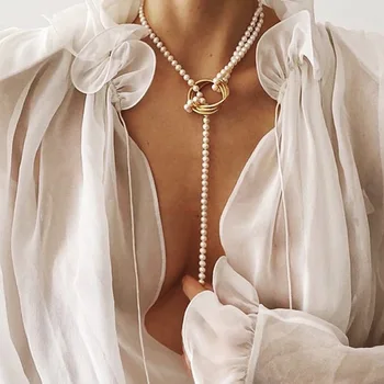 Sieviešu Elegants Vintage Kāzu Pērļu Kaklarota Metāla Ģeometriskā Ilgi Fāzēm Džemperis Ķēdes Modes Rotaslietas Kulons Kaklarotas