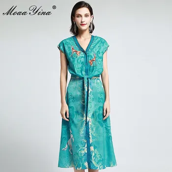 MoaaYina Modes Dizainera kleita Vasaras Sieviešu Kleita Puse V Kakla Loku Vintage Print Blūzes Stila Kleitas