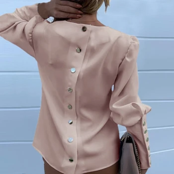 Modes OLA Sievietes Metāla Poga ar garām Piedurknēm Krekli Dāmas Gadījuma O-veida Kakla Cieto Drukāt Blūzes Plus Izmērs XXXL Pavasarī, Rudenī Drēbes